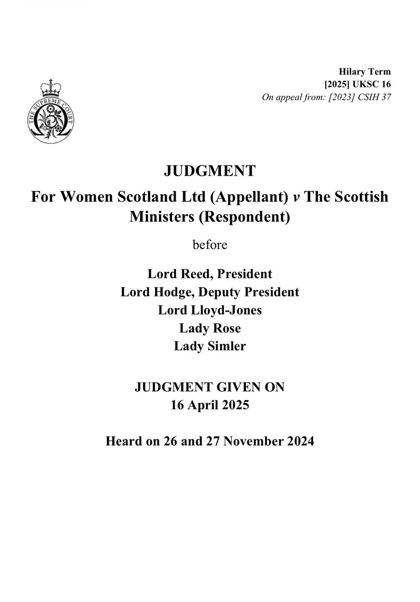 WomenOfWessex's tweet image. The purpose of the Supreme Court ruling was to clarify existing law.

Nothing has changed: the meaning of “man” and “woman” in the Equality Act 2010 is biological sex, not certificated sex.

This means that single sex services and provisions, as outlined in the Equality Act, are…