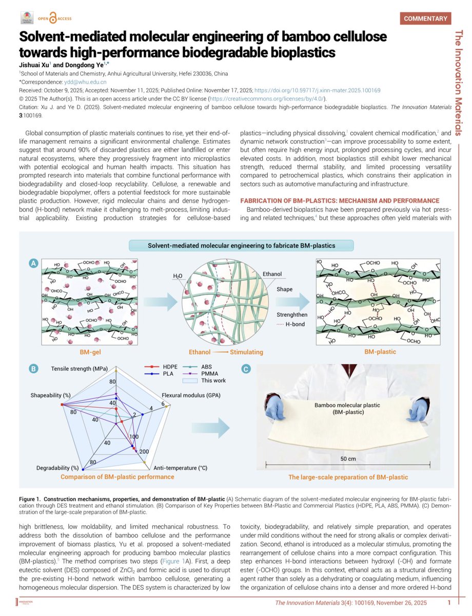 isciverse's tweet image. Solvent-mediated molecular engineering of bamboo cellulose towards high-performance biodegradable bioplastics

the-innovation.org/article/doi/10…