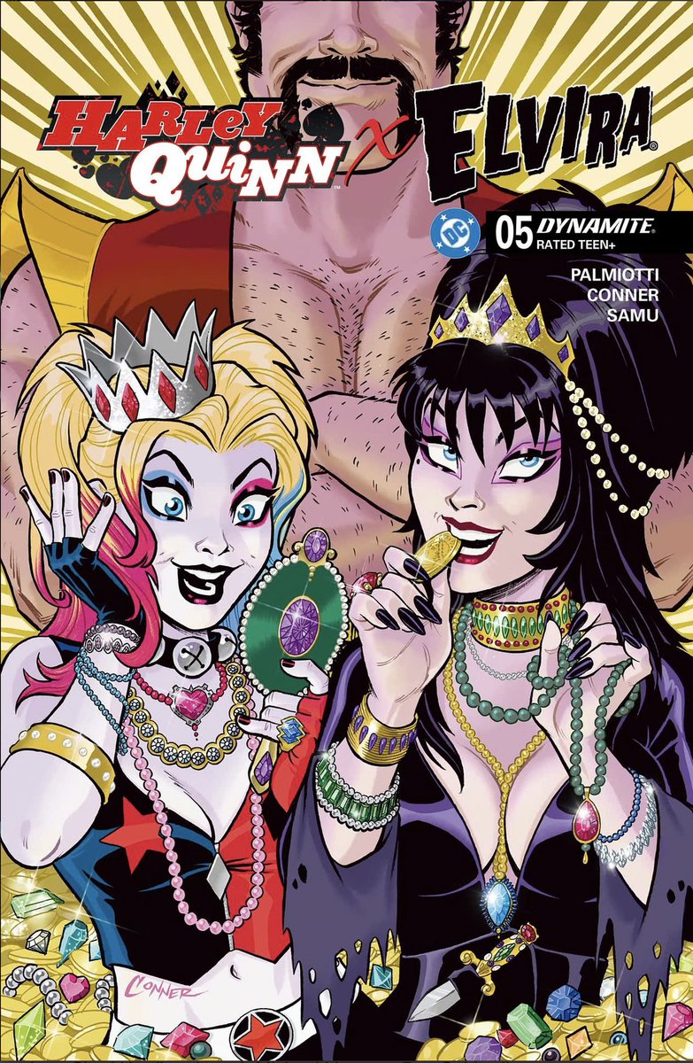 HARLEY QUINN X ELVIRA #5 COVER by Amanda Conner. ...and yes, that is Vartox of Powergirl fame.