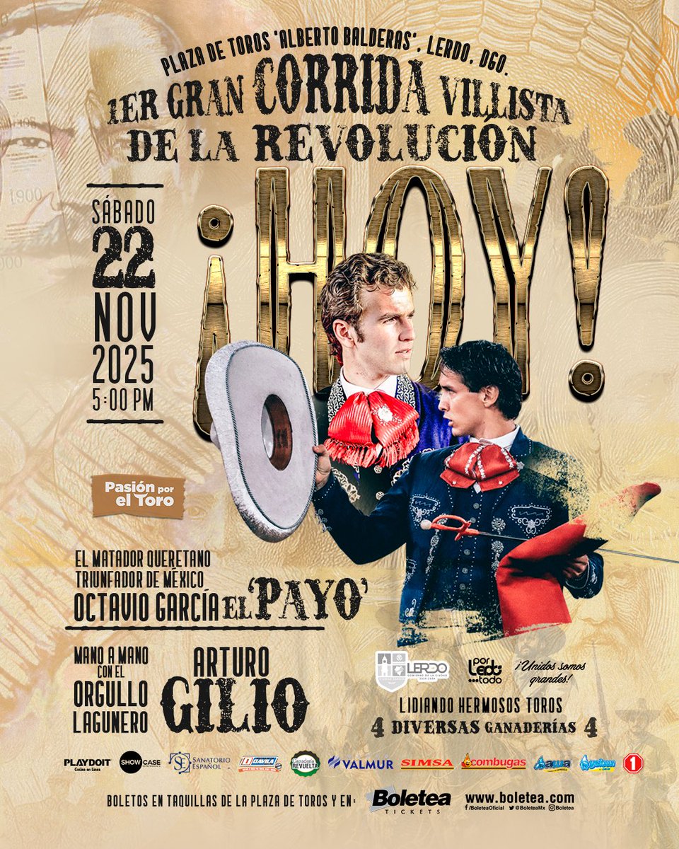 ¡Hoy es la Gran Corrida Villista de la Revolución! 🌵🔥

El Payo y Arturo Gilio en una corrida que entrelaza las tradiciones mexicanas. Una tarde de toros con mucha emoción.

Últimos boletos disponibles.