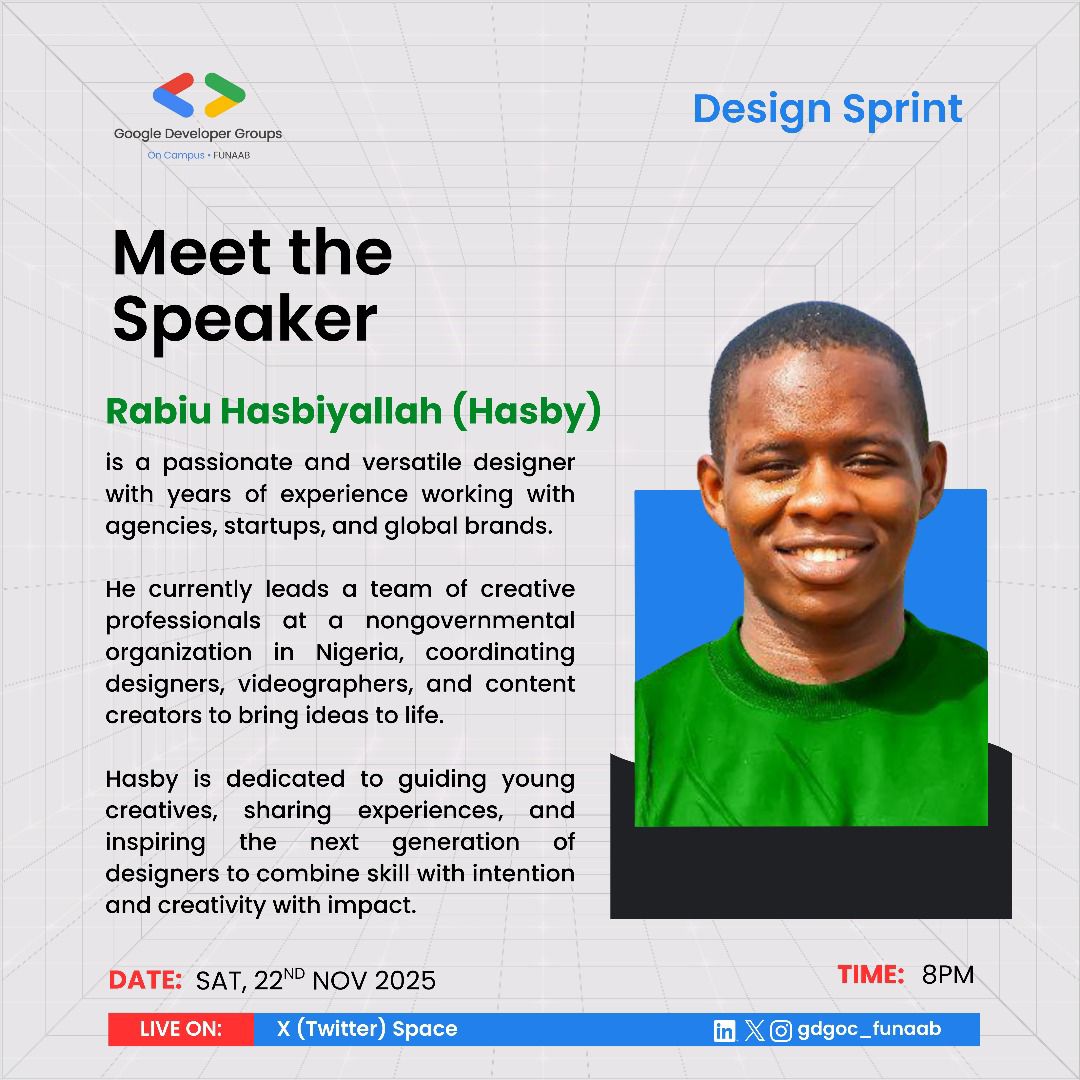 hasbiyallah_ade's tweet image. HAPPENING TODAY!

I’ll be the Keynote Speaker at GDG FUNAAB, sharing “The Art of Modern Design: From Vision to Reality.”

8 PM
Live on X (Twitter) Space
x.com/i/spaces/1eaJb…

Set your alarms ,don’t miss it!

#DesignSprint #GraphicDesign #CreativeJourney #Hasby_Touch