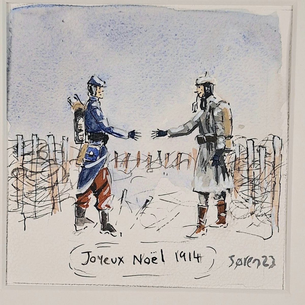 NJanagill's tweet image. Joyeux Noël 1914

#flandersfields #Ypres
#pen&amp;amp;ink #watercolour
#illustrationart #comicart #sacrifice
#dadsarmy #history 
art &amp;amp; illustrations direct from a artist that has previously exhibited at the Royal Academy sorenstudio.etsy.com/listing/164622…