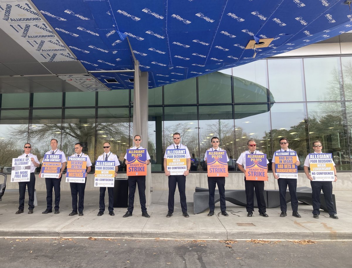 Teamsters's tweet photo. Teamsters pilots at Allegiant Air held a coordinated informational picket at 22 bases nationwide to demand a fair contract or face a potential strike. For years, the company has stalled at the bargaining table while investing in everything except the 1,400 dedicated Teamsters pilots who keep their planes in the air.

Despite the airline’s growing profits, Allegiant pilots currently earn 40 percent less than the industry standard. Allegiant needs to stop putting profits over pilots and agree to the contract Allegiant Air Teamsters deserve.