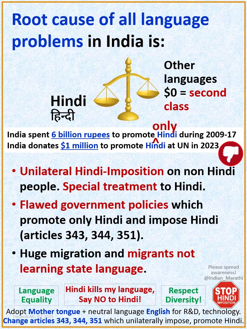 Indian_Marathi's tweet image. Flawed government policies hate and despise other languages and impose Hindi and promote only Hindi.. (articles 343, 344, 351)
Unilateral Hindi imposition and Hindi supremacy is the root cause of all language problems. This must change. #Hindi #Marathi #HindiImposition #हिन्दी