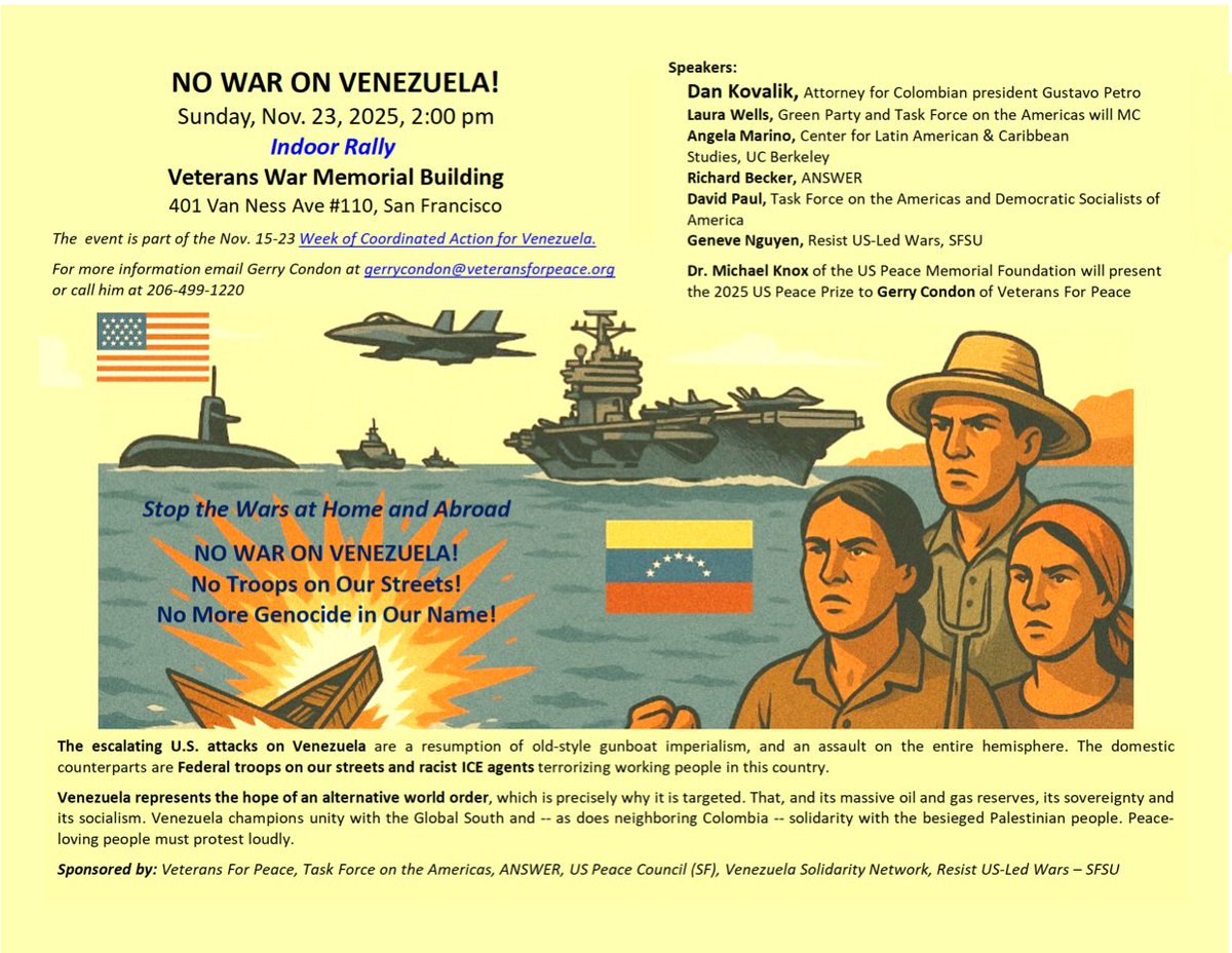 USPeaceRegistry's tweet photo. The US Peace Memorial Foundation will  present the US Peace Prize at an indoor rally in San Francisco on  Sunday. See details below. Everyone is welcome to attend.
#Antiwar #Peace #USPeaceMemorial #USPeacePrize #USPeaceRegistry #EndUSMilitarism #PeaceNow #StopTheWar https://t.co/MXPh4sTFHd