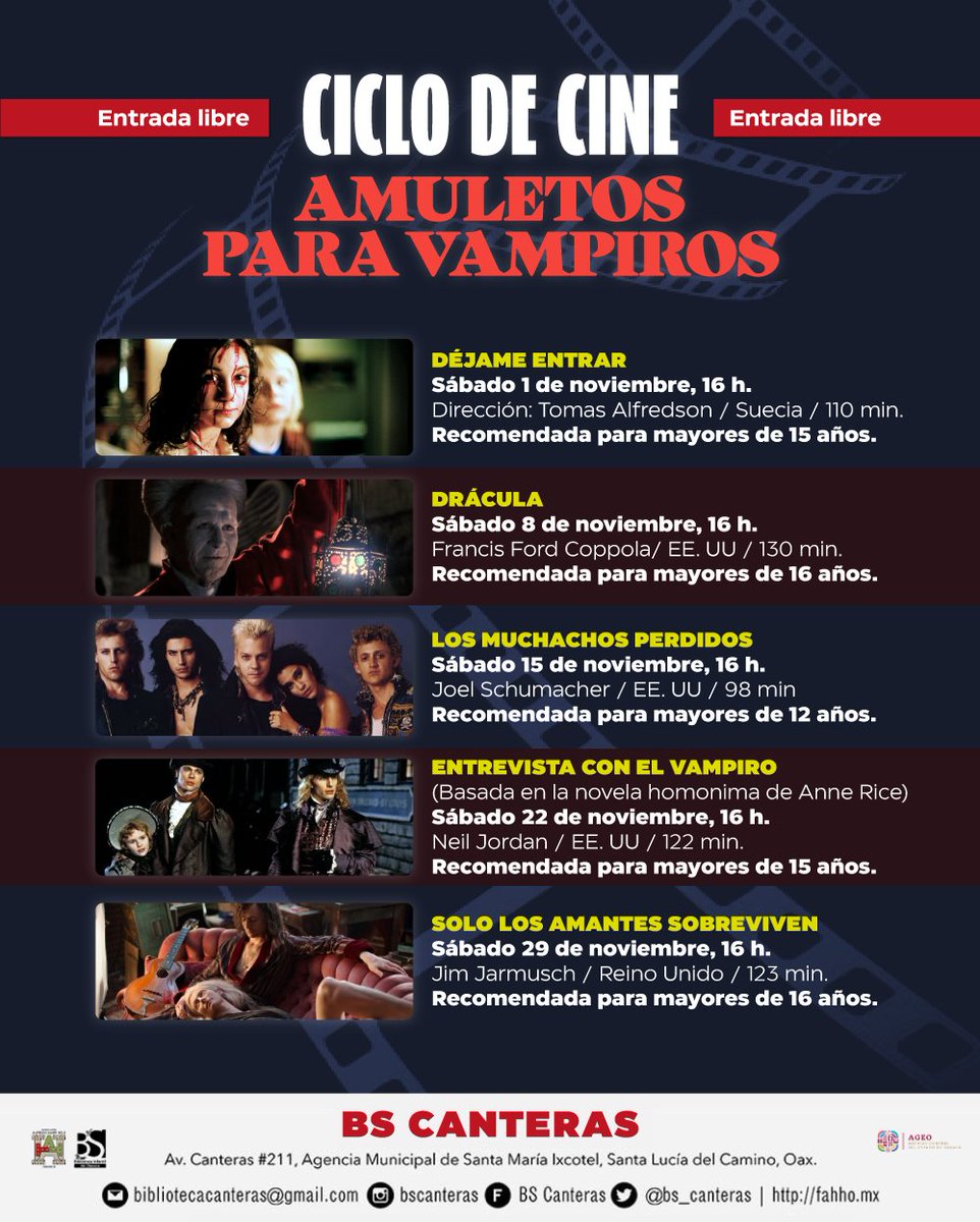 Nos vemos sábado a las 16:00 en la proyección del ciclo de cine Aᴍᴜʟᴇᴛᴏs ᴘᴀʀᴀ ᴠᴀᴍᴘɪʀᴏs en #BScanteras con un peli clásica "Entrevista con el vampiro" una pelicula de aventura y divertida. 

 #FAHHporlainfancia #FAHHporMéxico #FAHHO <a href="/FundacionAHHO/">Fundación Alfredo Harp Helú Oaxaca</a>