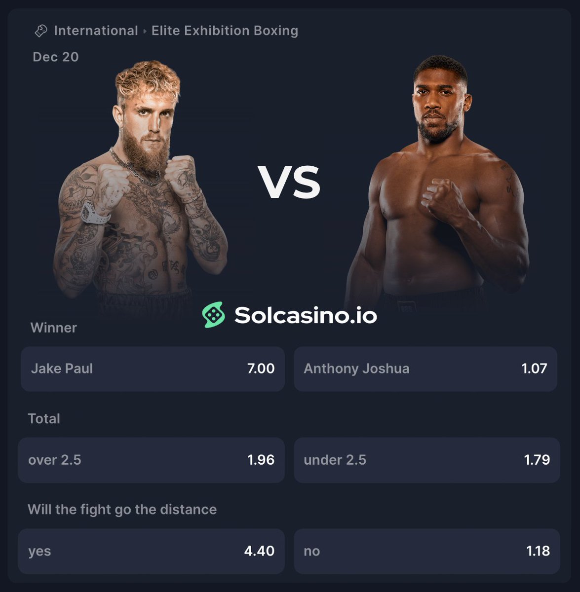 If you had a $10,000 free bet...

Jake Paul 🇺🇸 or 🇬🇧 Anthony Joshua?