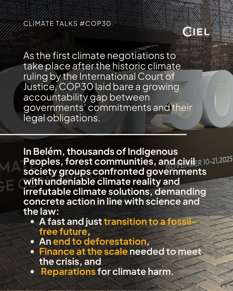 ciel_tweets's tweet image. Across COP30, Indigenous Peoples, forest communities, and civil society sent one message loud and clear. We need:
⭕️ A fast &amp;amp; just transition to a #FossilFreeFuture.
⭕️ An end to deforestation,
⭕️ Climate finance at crisis scale,
⭕️ Real remedies for climate harm.
