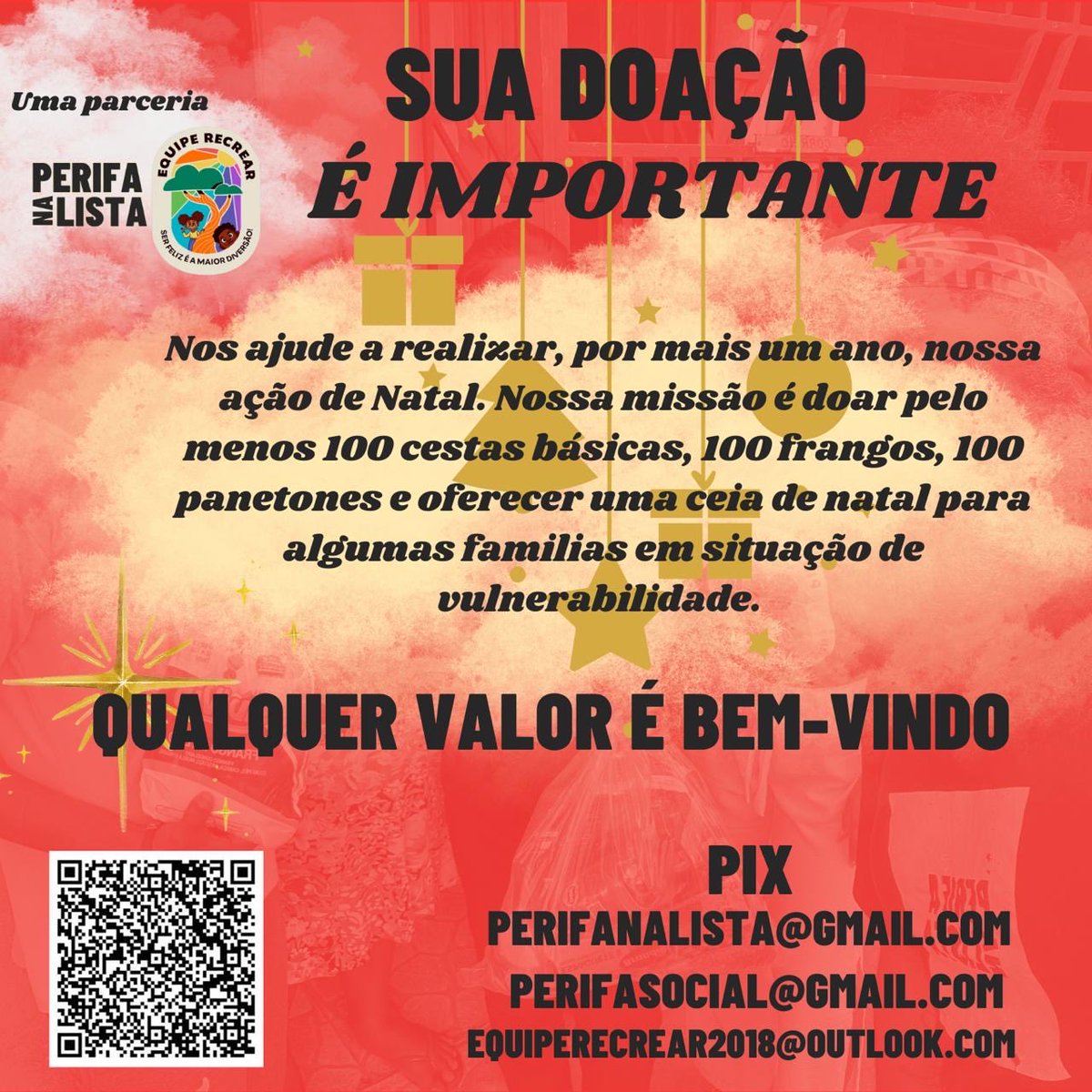 A campanha para nossa 4ª ação de Natal está no ar e precisamos muito da sua ajuda para realizá-la. 
Nossa missão é doar 100 cestas básicas, 100 frangos, 100 panetones e fazer uma ceia de Natal para algumas famílias em situação de vulnerabilidade. 

APOIE 
perifanalista@gmail.com