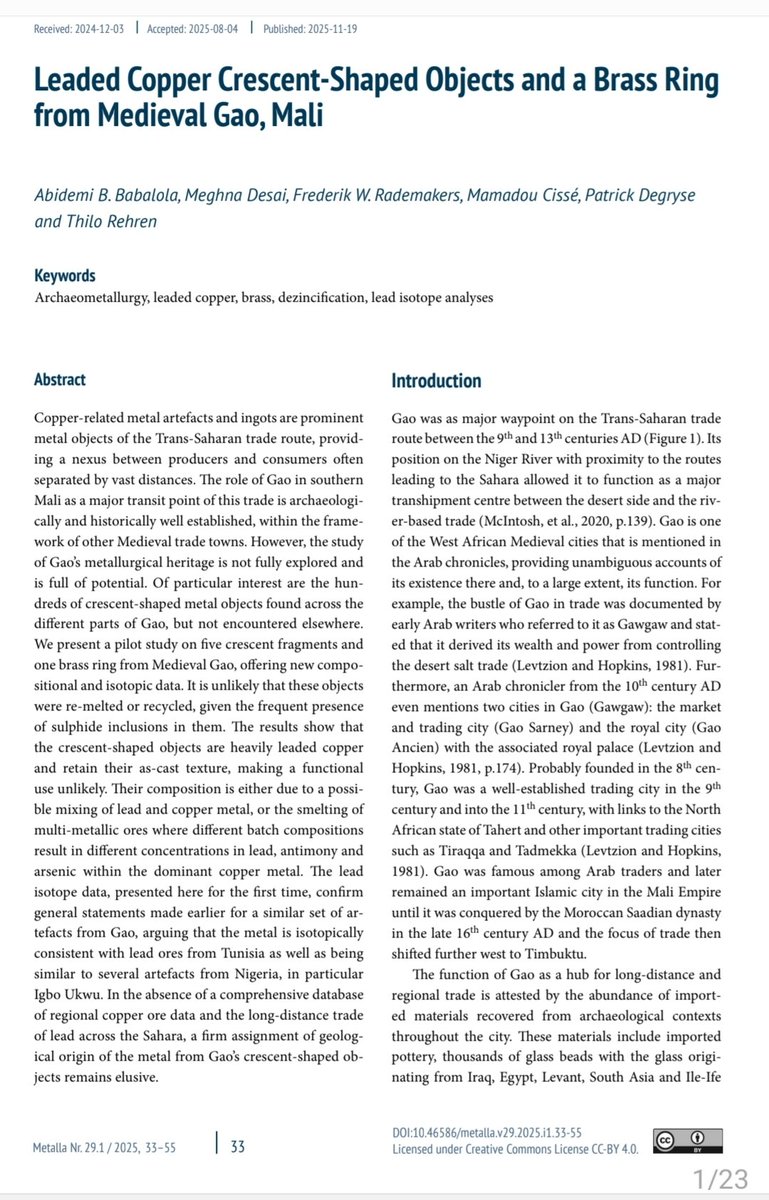 Publication Alert!!
First output from my Marie Curie project has just been published in Metalla on copper alloy crescents from Gao, Mali metalla.org/index.php/META…
