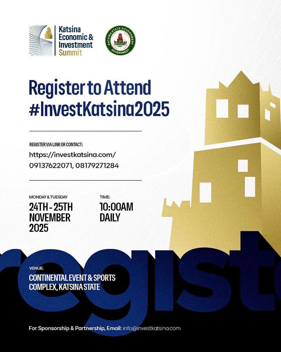MSIngawa's tweet image. REGISTRATION ALERT

The Katsina State Government cordially invites stakeholders, investors, development partners, industry leaders, entrepreneurs, and the general public to the Katsina Economic &amp;amp; Investment Summit 2025.

This landmark summit is crafted to showcase the extensive…