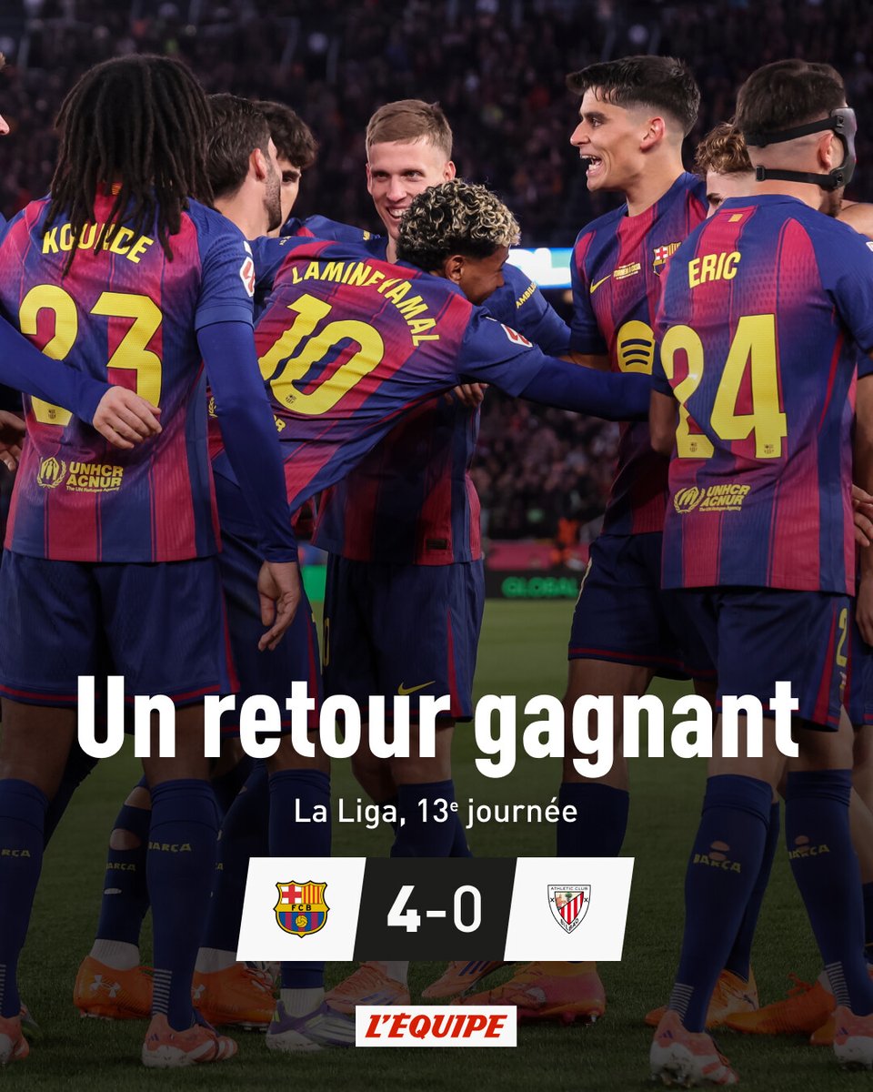 Pour son premier match au Camp Nou depuis deux ans et demi, le Barça a nettement dominé l'Athletic Bilbao. Une victoire qui permet aux Catalans de s'emparer provisoirement de la tête de la Liga, en attendant le match du Real Madrid.

➡️ l.lequipe.fr/J08