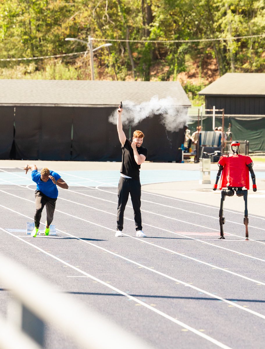 MrBeast's tweet image. We tested if robots have overtaken humans as the top species with these experiments.

World’s fastest man vs world’s fastest robot.

World’s strongest man vs giant mech.

F1 Driver vs an AI driven race car.

Golf Robot, Baseball Robot, etc. all in our new video!