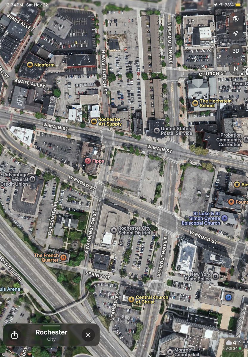 PhilSustainable's tweet image. It’s crazy seeing parking lots in Downtown Rochester, NY.   The city should be as rich as Brooklyn today, but chose pavement instead