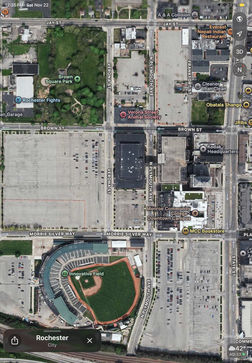 PhilSustainable's tweet image. It’s crazy seeing parking lots in Downtown Rochester, NY.   The city should be as rich as Brooklyn today, but chose pavement instead