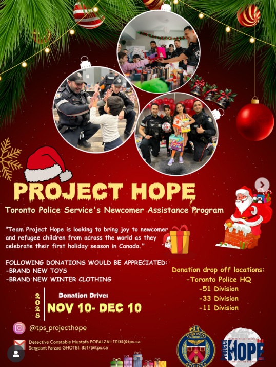 VinecaX's tweet image. It&apos;s that time of year! @TorontoPolice Project Hope Clothing + Toys Newcomers  Assistance Donation Drive!

5 yrs ago TPS Det. Popalzai + Sgt. Ghotbi spearheaded #projecthope.  Both came to Canada as young refugees ❄️Please drop off new donations by Dec 10❄️