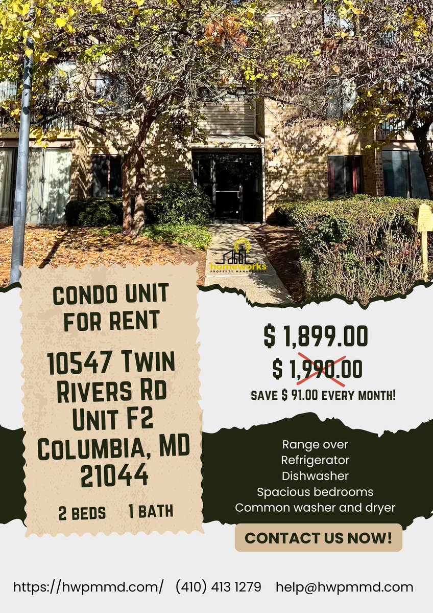 homeworkspm's tweet image. ‼️Price Drop Alert ‼️

Condo for rent at 10547 Twin Rivers Rd, Columbia, MD 21044 now only $1,899/month (down from $1,990!). Don’t miss this great deal! 

Call (667) 206-3672 to schedule a showing today!