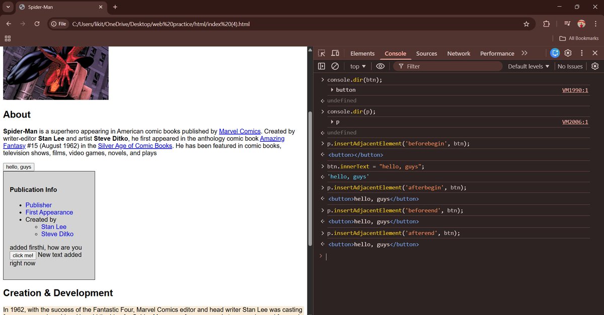 rajath_m_r's tweet image. Day 27 of my MERN journey!
Learnt DOM navigation using parentElement, children, childElementCount, previousElementSibling, nextElementSibling &amp;amp; adding/removing elements with append, prepend, insertAdjacent, removeChild, remove.
#mernstack #100daysofcoding #learningeveryday