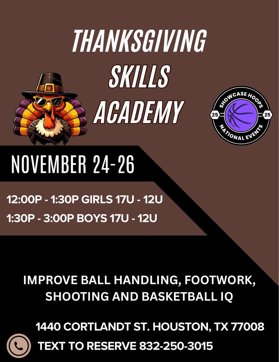 If you’re in the Houston area during Thanksgiving break, join us for our Skills Academy November 24-26. Boys 17U-12U and Girls 17U-12U are welcome to participate. Cost is $75 total for all 3 days. Limited spots so text to reserve asap.
