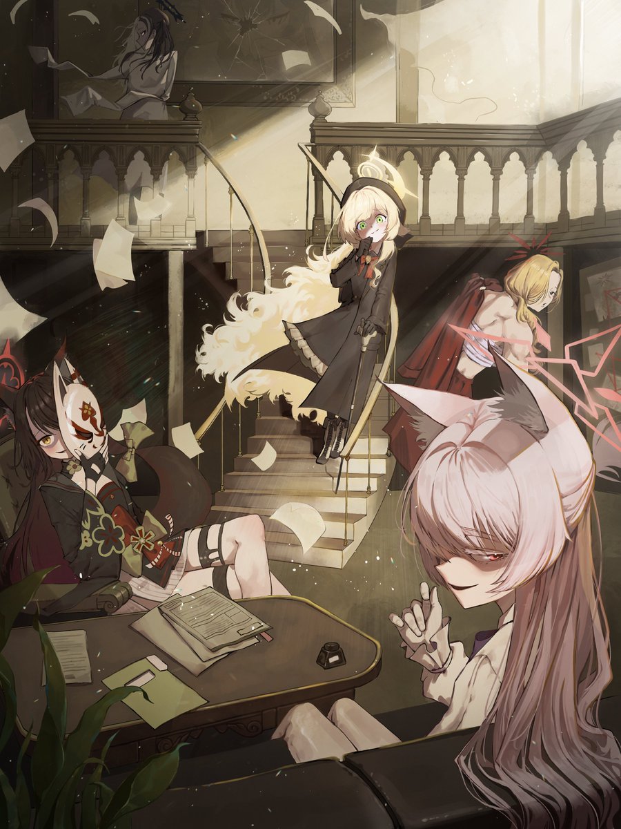 kongaru_123's tweet image. ブルーアーカイブの4周年を記念して、「七囚人とニヤニヤ教授のアジト」というテーマで描いてみました