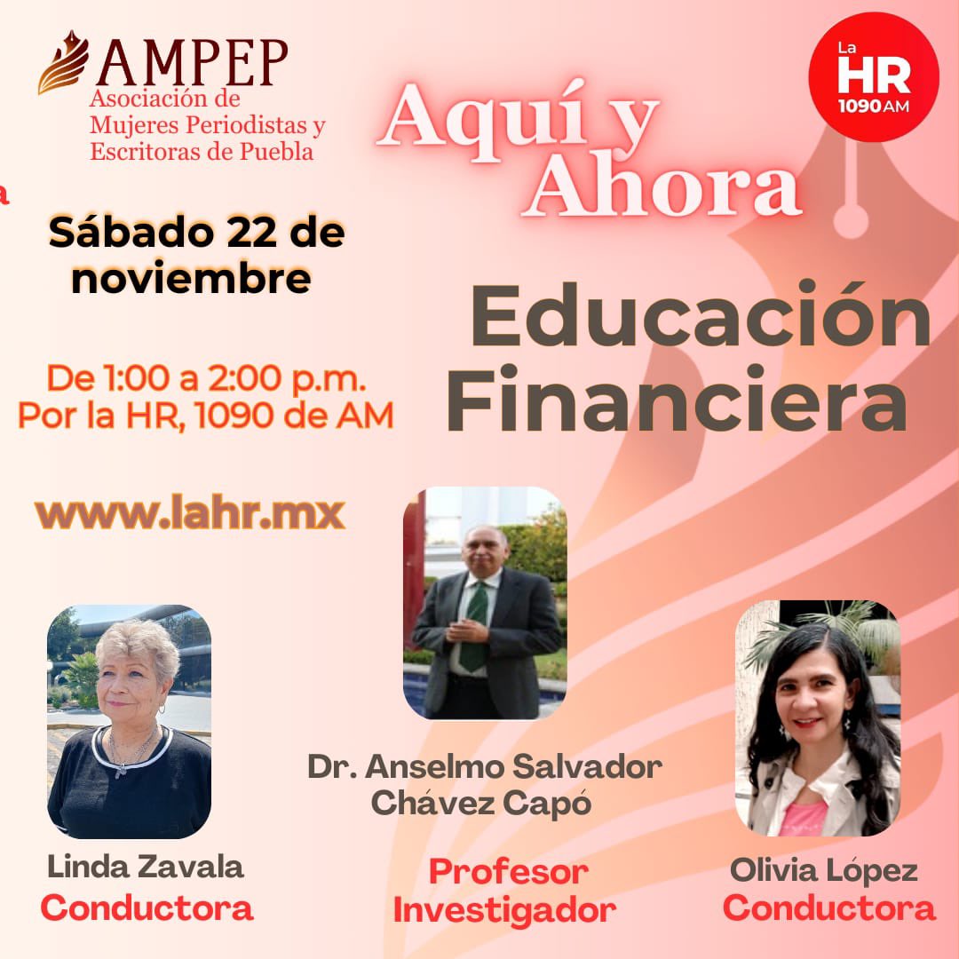 Este sábado en Aquí y Ahora

No te pierdas nuestra emisión de esta semana con un tema fundamental: Educación Financiera 💰📚

🗓 Sábado 22 de noviembre
🕐 De 1:00 a 2:00 p.m.
📻 Por La HR, 1090 AM
🔗 lahr.mx