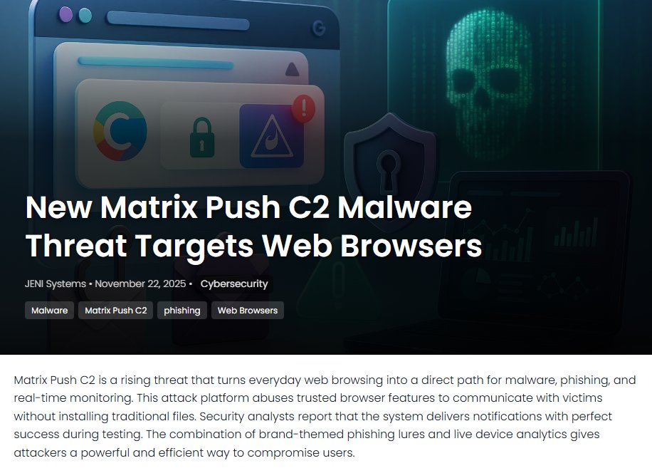 JeniSystems's tweet image. Matrix Push C2 hides inside trusted browser alerts and pushes fileless phishing and tracking that hits fast and feels unnerving. jenisystems.com/matrix-push-c2… #matrixpushc2 #browsersecurity #filelessmalware