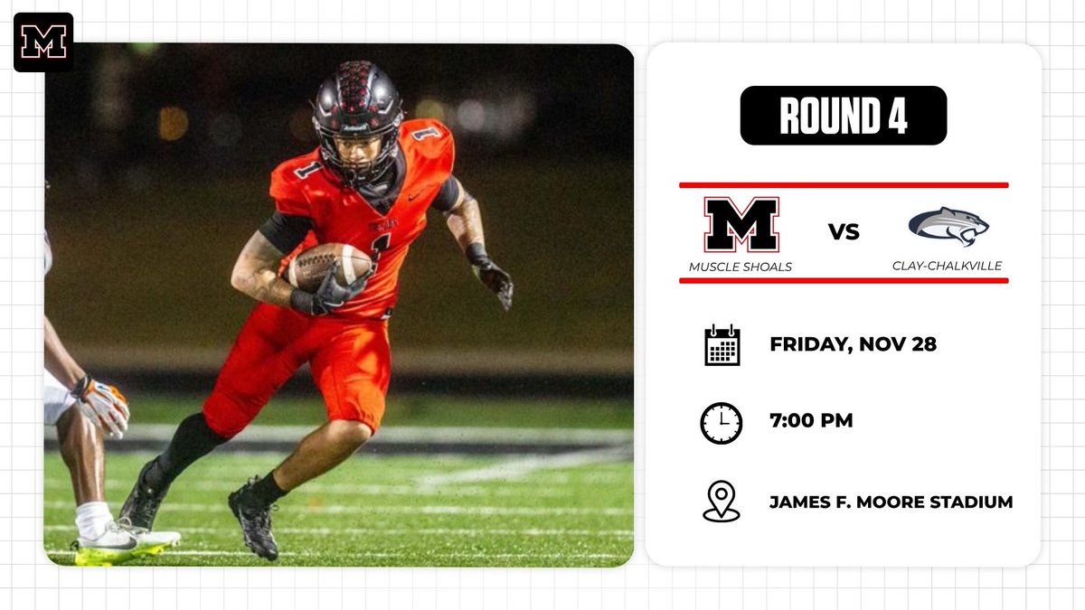 Muscle_ShoalsFB's tweet image. Round 4 is locked in! For the 3rd straight year, we will host Clay-Chalkville. Can’t beat Black Friday at James F. Moore!