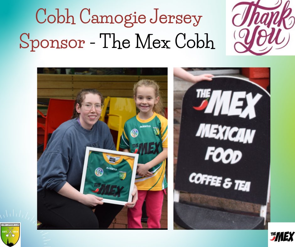 🌟⭐ Jersey Sponsor - The Mex Cobh ⭐️
Cobh Camogie club would like to say a huge thank you to Chris and Amy Leonardi of ‘The Mex’ restaurant &amp; take away  Pearse Square Cobh who sponsored two sets of jerseys for our underage teams for next season #supportlocal