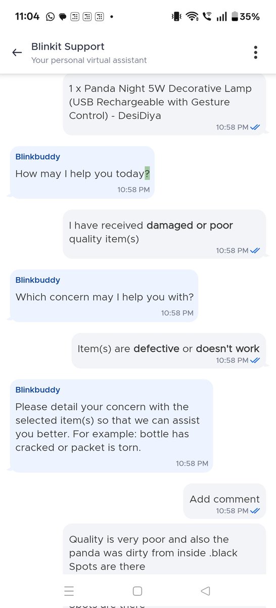 reeva_gupta's tweet photo. Ordered a Panda Night Lamp from @letsblinkit but received very poor quality. The lamp had black spots, dirty surfaces, and badly fixed eyes (see images below). Raised a concern with Blinkit, but didn't get any reply or resolution.Disappointed! #Blinkit #DesiDiya https://t.co/lgwRbyXx5T