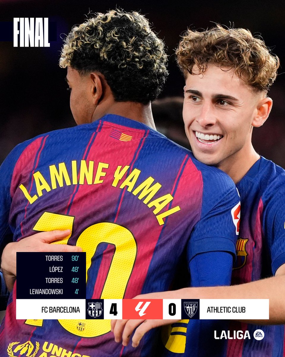 elsevillistacom's tweet image. ⚽ Cómoda goleada del Barça al Athletic en la vuelta al Camp Nou, con la que iguala a puntos con el Real Madrid en el liderato.

#️⃣ #SevillaFC #LALIGAEASPORTS #BarçaAthletic