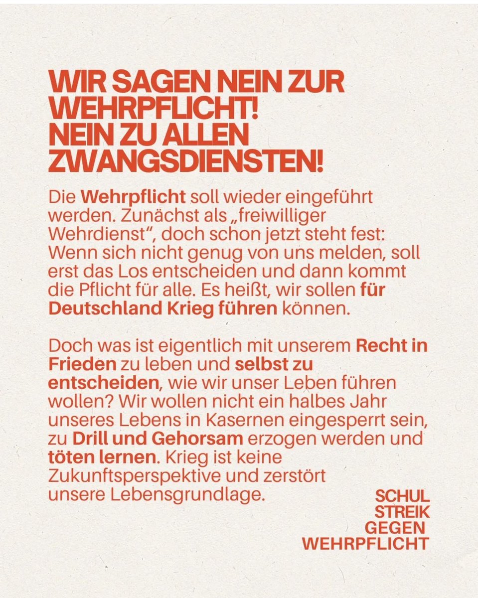 Friedenswende23's tweet photo. Freitag, 05.12.2025, #Schulstreik gegen #Wehrpflicht
https://t.co/S6VXAgqndQ
Flyer &amp; Plakate dazu im Dropbox-Ordner:
https://t.co/eXh0X0OgIB https://t.co/Q867CPFAnU