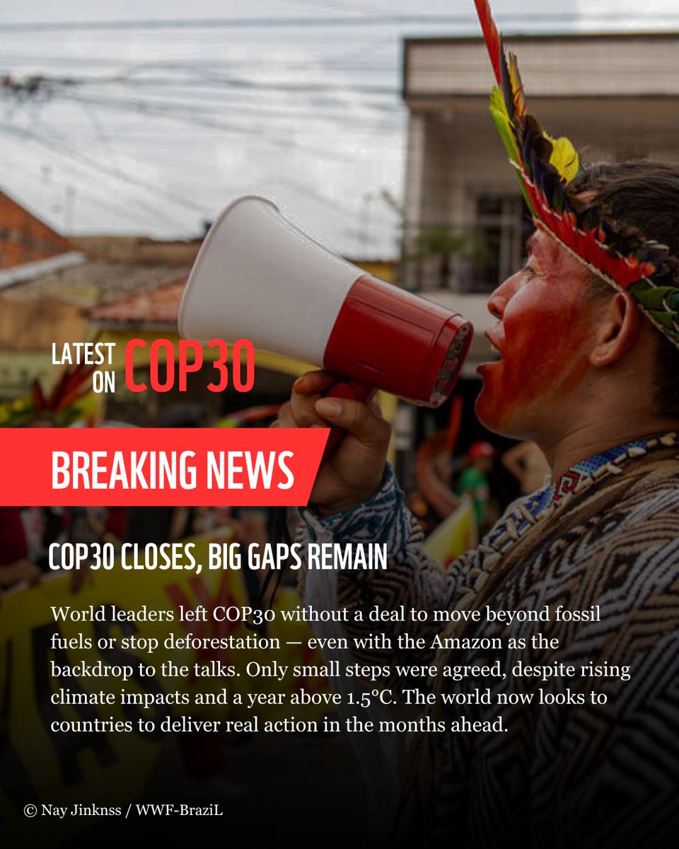 WWF's tweet image. #BREAKING: #COP30 ends without a deal to transition away from fossil fuels, halt deforestation, or secure a nature package. 

Modest steps fall far short of what’s needed after a year above 1.5°C. 

The work is more urgent than ever – and it must be delivered.