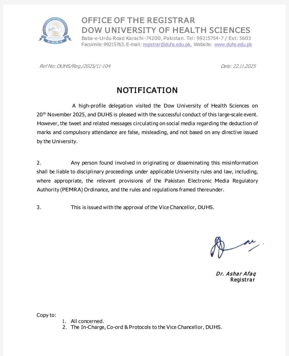 Azaad Fact Check has identified disinformation circulating on social media that falsely claims Dow University of Health Sciences (DUHS) instructed students to ask planted questions and implemented a marks-deduction policy. This news is completely false and fabricated. It is part