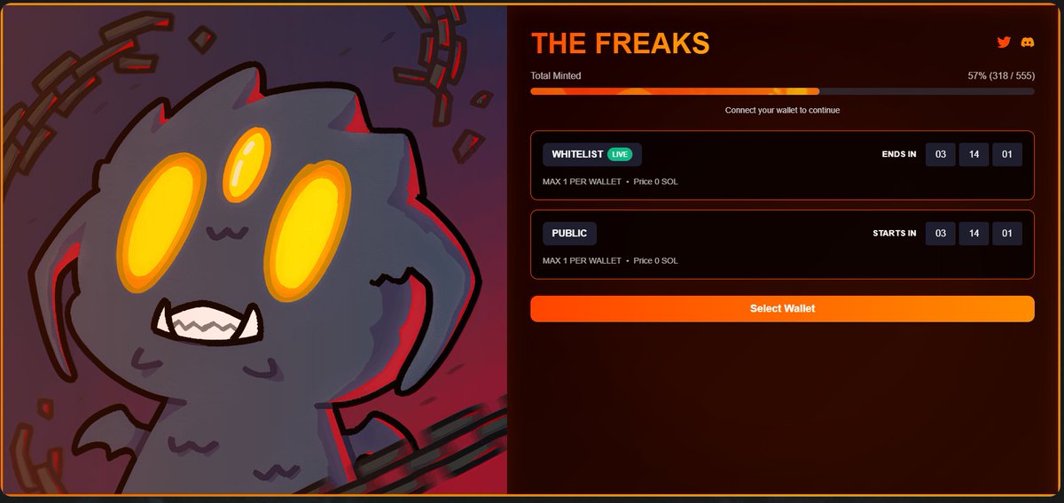 thefreaks_sol's tweet image. THE BIGGEST FREE MINT ON SOLANA IS LIVE 👇

57% (319 / 555) MINTED ALREADY !!!

Mint here before it&apos;s late: mint.thefreaks.xyz

All holders will receive 1000 $FREAK on 1st december

The Freaks are gonna shake solana, WAGMI 🔥

#Solana #SolanaNFT #SolanaNetwork #NFTs…