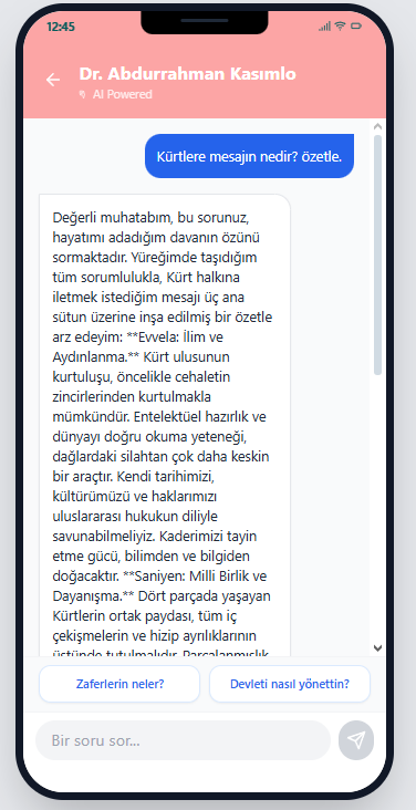 133 küsür şahsiyetin - özet - biyografisini okuyabilir ayrıca AI yardımı ile o şahıslarla - Ehmedê Xanî, Selahaddin Eyyubî - sohbet edebilirsiniz. Ayrıca karakterler size kendi dönemine dair bir hikaye anlatır. Aşağıda linki bırakıyorum:

gemini.google.com/share/c8d991a9…