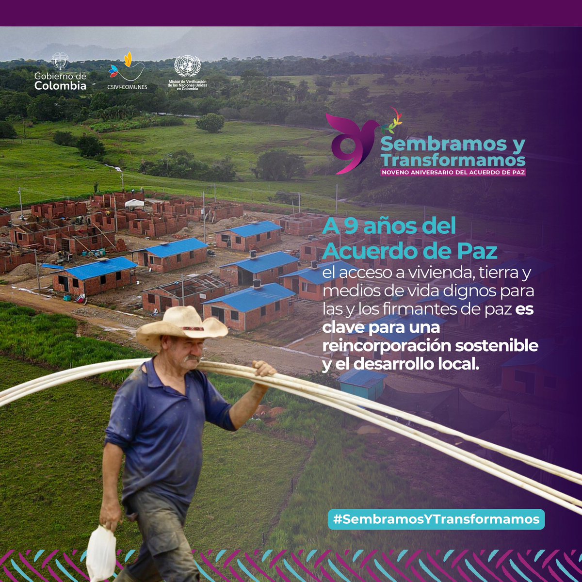 MisionONUCol's tweet image. La sostenibilidad de la paz se construye desde el arraigo territorial. A 9 años del #AcuerdoDePaz, el acceso a vivienda, tierra y medios de vida dignos para las y los firmantes de paz es clave para una reincorporación sostenible y el desarrollo local. #SembramosYTransformamos