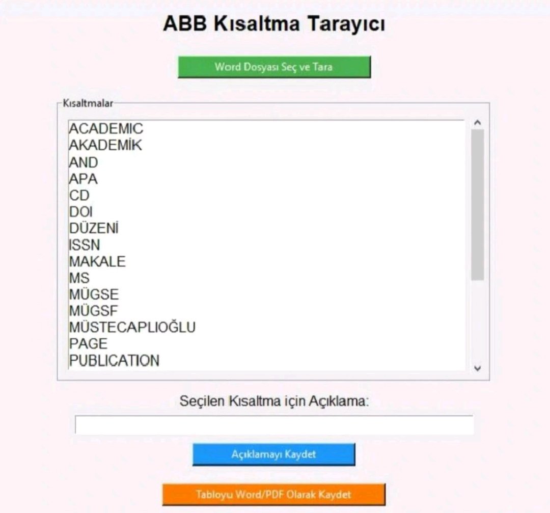 Sina_Gul60's tweet image. 🔷 ABB (Kısaltmalar)
Tamamen benim geliştirdiğim ABB, uygulaması akademik metinlerdeki kısaltmaları otomatik bulur, tabloya döker ve Word/PDF olarak kaydeder. Tkinter ile kullanıcı dostu arayüz sunar.
Gihub Link: lnkd.in/eku8QVGg
#Python #Tkinter #DesktopApp #MadeByMe