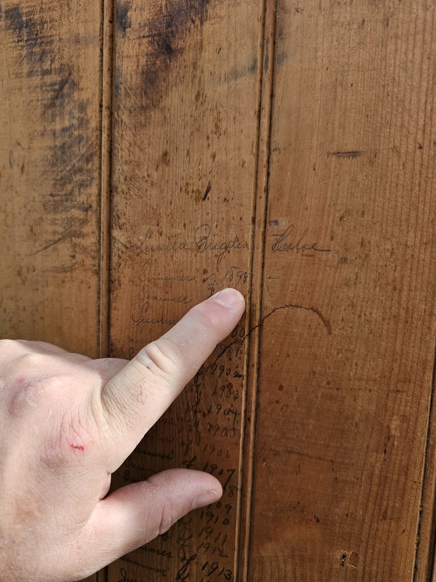 myWinnipesaukee's tweet image. Moultonboro door from a rental cottage. Renters signed their names on the back of this door since the 1840&apos;s.