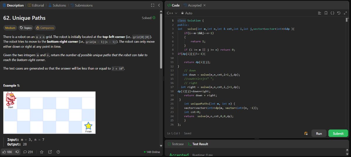 ANNISH_SEN's tweet image. Day 65 of #LeetCode75 – Problem 62 (Unique Paths)

Solved Unique Paths using Recursion + Memoization (Top-Down DP)

Complexity:
Time: O(m × n)
Space: O(m × n)
#Day64 #LeetCode #DSA #DynamicProgramming #CPlusPlus #100DaysOfCode #CodingJourney