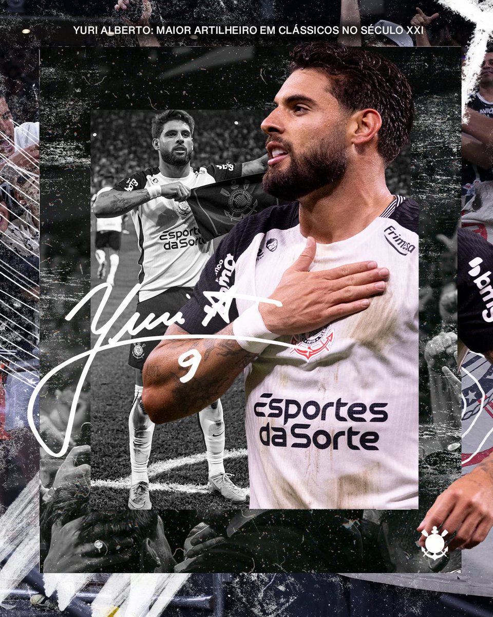 Corinthians's tweet image. O DONO DOS CLÁSSICOS!!! 9️⃣

Com os dois gols no último Majestoso, Yuri Alberto se isolou na lista de artilheiros do Timão em clássicos no século XXI, atingindo um total de 1️⃣4️⃣ gols marcados. ⚽

#VaiCorinthians