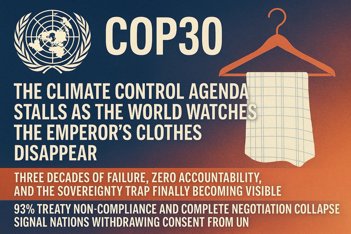 InterestOfJust1's tweet image. 💥⚖️ United Nations COP30 The Climate Control Agenda Stalls as the World Watches the Emperor’s Clothes Disappear
Three Decades of Failure, Zero Accountability, and the Sovereignty Trap Finally Becoming Visible, 93% Treaty Non-Compliance and Complete Negotiation Collapse Signal…