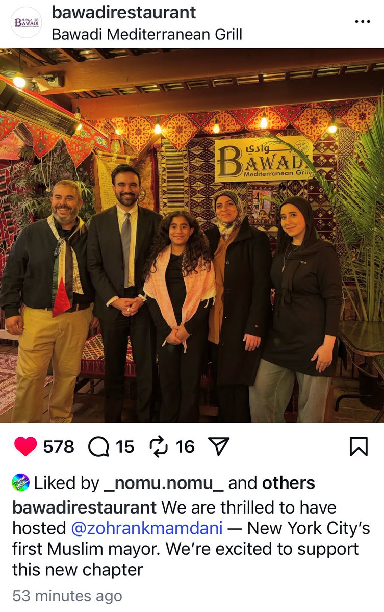 FreedZach's tweet image. Looks like Zohran went to Palestinian restaurant Bawadi in Falls Church last night. Excellent choice, very worth the trip from DC.