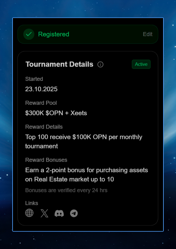 Don't forget to register for the rewards in the <a href="/IOPn_io/">IOPn</a> tournament!

Tomorrow the first month of the tournament ends, and I'm currently in 10th place. 🏆

Top 100 receive 100,000 $OPN for each monthly tournament. There are still two months ahead, so it's not too late to join.

I
