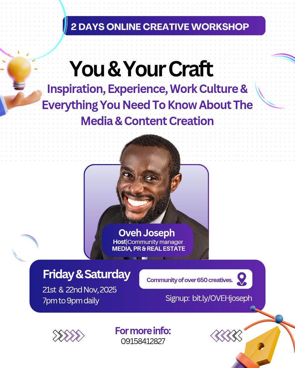 ovehlens's tweet image. Oveh Joseph has invited you for the Day 2 of the free Creatives Workshop about you and your Craft.

Please use the link to join in

Time: 7Pm to 9pm

meet.google.com/cwj-iwye-rch