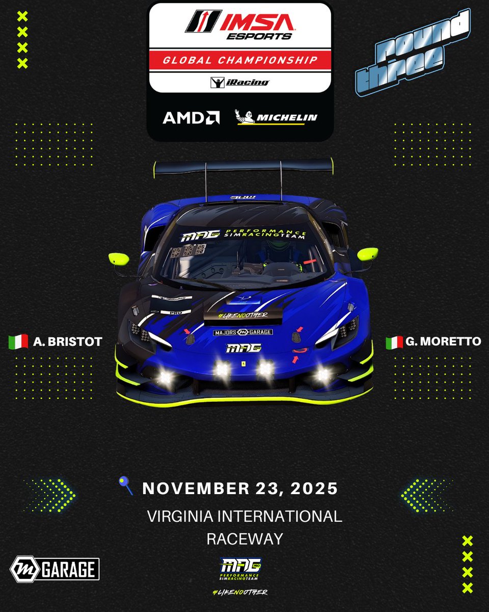 🔵 ROUND 3 — <a href="/IMSA/">IMSA</a>  Esports Global Championship by <a href="/vcoesports/">VCO 🕹🏎</a> 

Tomorrow we hit VIR for one of the toughest races of the season.
A. Bristot 🇮🇹 | G. Moretto 🇮🇹 are ready to push the Ferrari 296 GT3 to the limit. ⚔️

Focus. Pace. Zero mistakes.

Let’s fight. 💙💛