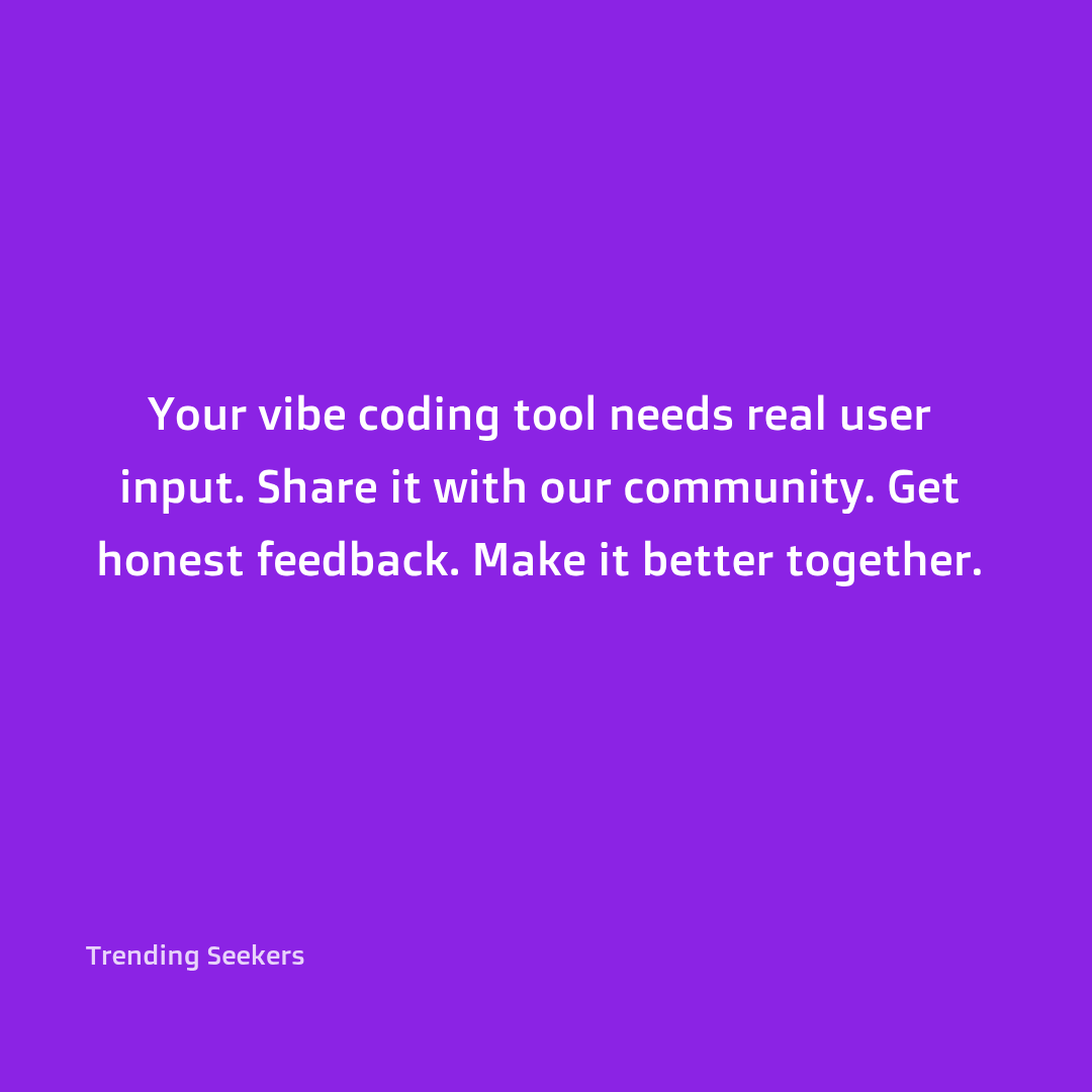 Tyrone_Uzzell's tweet image. Want to make your vibe coding tool better? Share it with others. Get their feedback. Use the feedback to improve your tool. Then share it again. This cycle helps you build a great tool. Start sharing at Trendingseekers.com

#vibecoding #codingtools #feedback #improvement