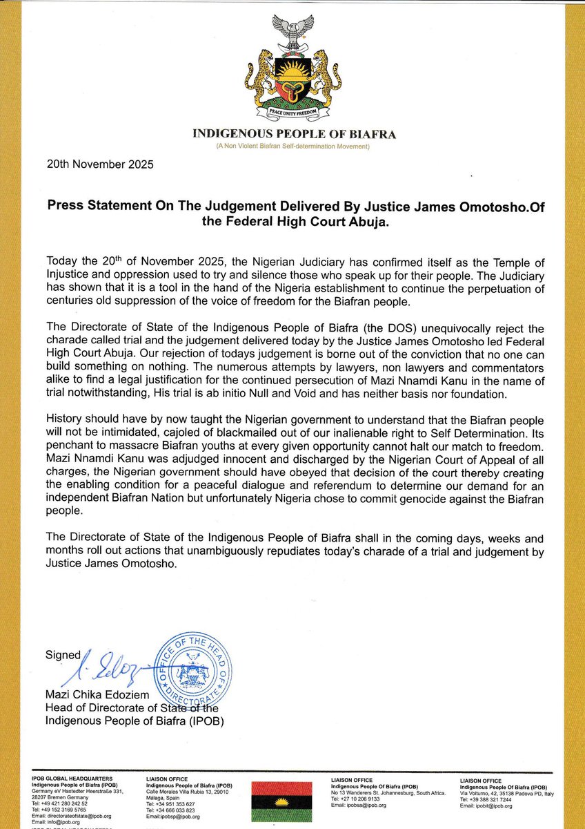 ChinasaNworu's tweet photo. Press Statement On The Judgement Delivered By JusticeJames Omotosho.Of the Federal High Court Abuja.
 @real_IpobDOS 
@GUnderground_TV 
@USinNigeria @GoitaAssimi @WalidPhares @Sean_ADFIntl @IgboHistoFacts https://t.co/OnEw7L32Ua
