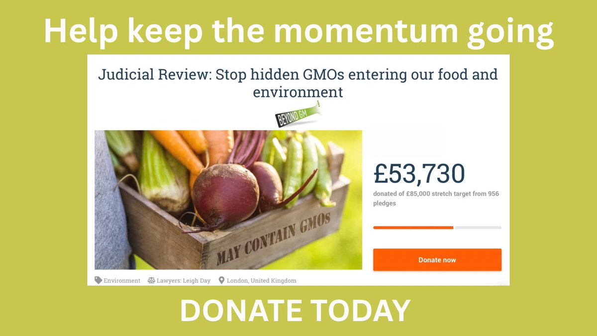We are 63% towards our goal! The majority of donations to our judicial review ‘fighting fund’ have been £10 to £25 - all from individuals who believe ‘precision bred’ GMOs shouldn’t be hidden in our food or environment. Please help us go all the way: crowdjustice.com/case/stop-hidd…