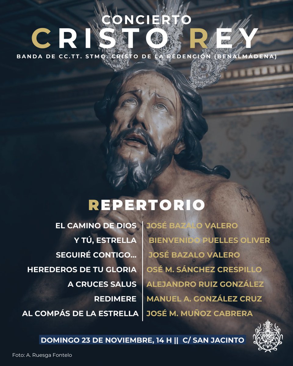 Este es el repertorio del concierto que <a href="/RedencionBct/">Redención de Benalmádena</a> ofrecerá a las puertas de nuestra capilla mañana domingo, tras la función solemne a Ntro. Padre Jesús de las Penas, con motivo de la Solemnidad de #CristoRey2025.

hermandad-estrella.org/solemnidad-de-…