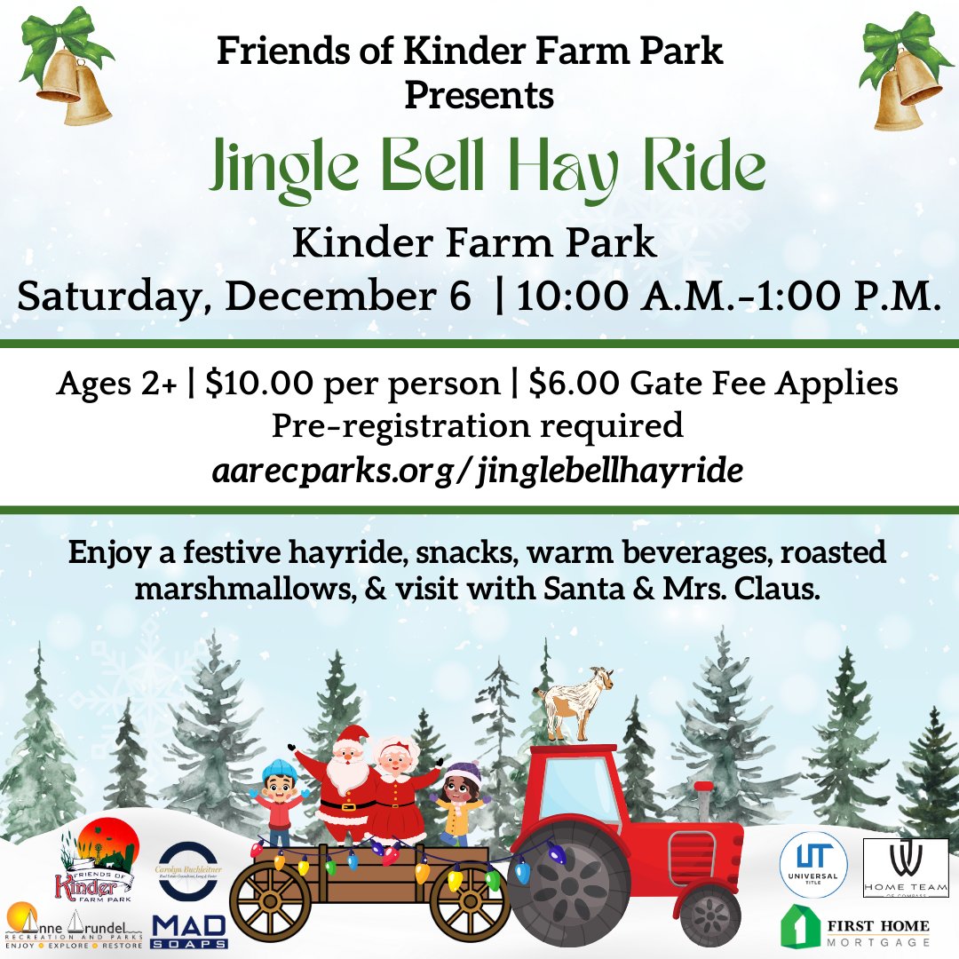 Jingle Bell Hay Ride! 🎅🎄

Kick off the holidays at Kinder Farm Park on Sat, Dec 6 (10 am-1 pm)!
Enjoy festive hayrides, snacks, and a visit with Santa &amp; Mrs. Claus!
🎟️ $10 pp + $6 gate fee. Pre-register by Dec 5th! ➡️ aarecparks.org/jinglebellhayr…

#JingleBellHayRide #AACoParks